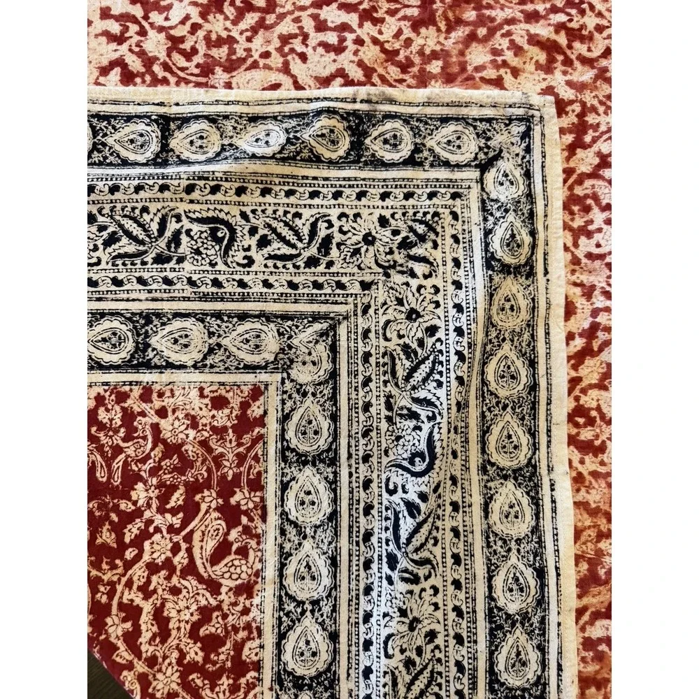 Vintage Indian Block Print Floral Tablecloth Border Black Burgundy Square 44